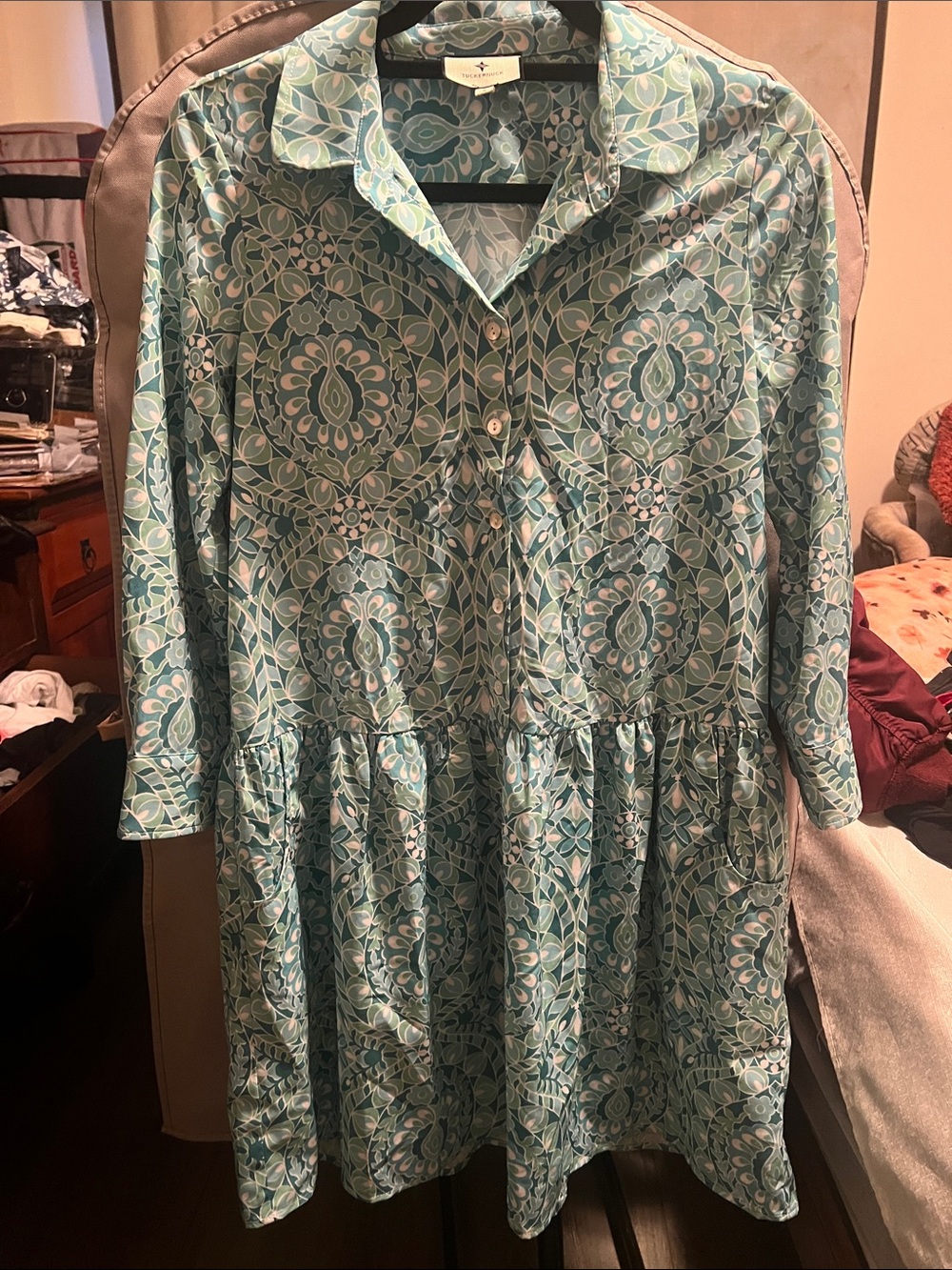 Tuckernuck Teal and Mint Floral Medallion Shirt Dress